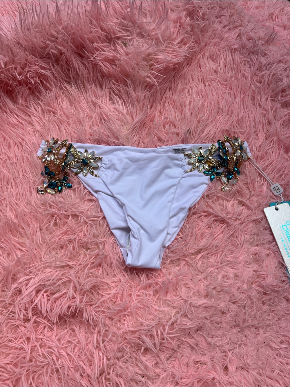 Beach Bunny White Bikini Bottom with Gold and Teal Embellishments
